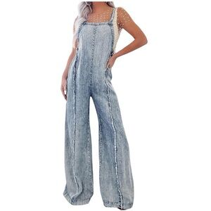 Loose Fit Denim Jumpsuit Adjustable Straps Wide Leg Long Pants Frayed Overalls